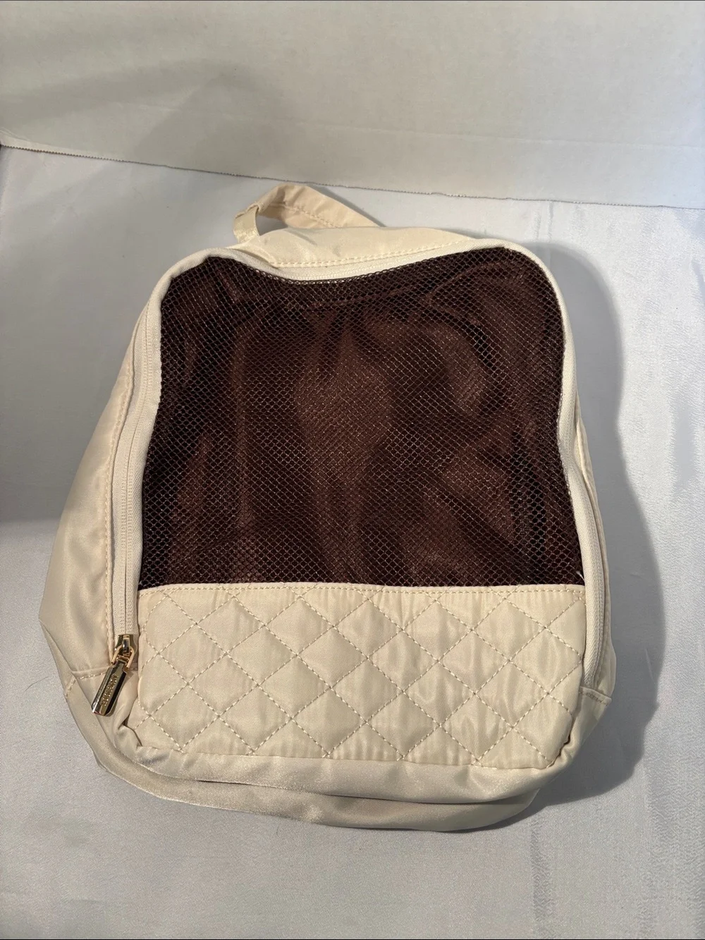 Quilted Cream Cosmetic Bag with Brown Mesh Panel